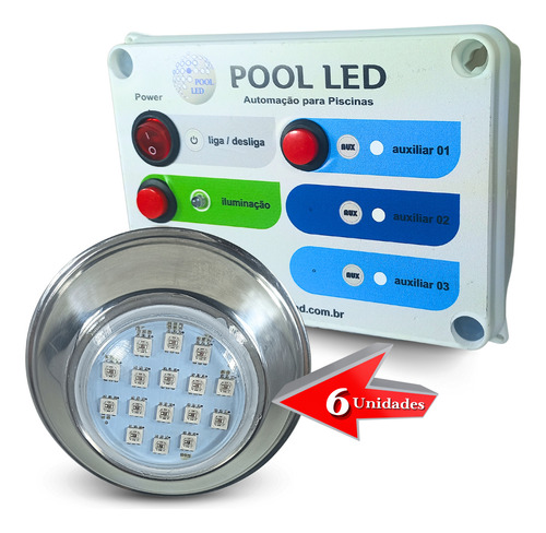 Kit Iluminação Piscina 6 Leds 9w Inox + Central Comando