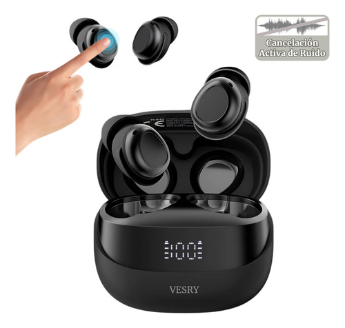 VESRY A13 Auriculares Bluetooth Inalámbricos Audífonos Manos Libres Accesorios para Celulares Iphone Android Gamer Pc Con Estuche de Carga y Reducción de Ruido Negro