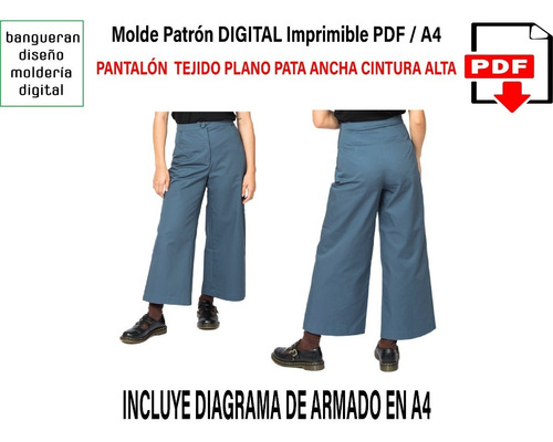 Molde Patrón Imprimible Pantalón Pata Ancha   Pdf A4