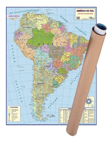 Mapa América Do Sul Enrolado Tubo Postal - 120x90cm