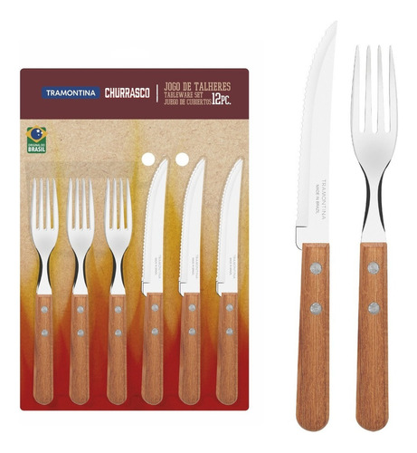 Juego De Cubiertos Tramontina De Madera Para Barbacoa De Acero Inoxidable, 12 Piezas, Color Madera Natural