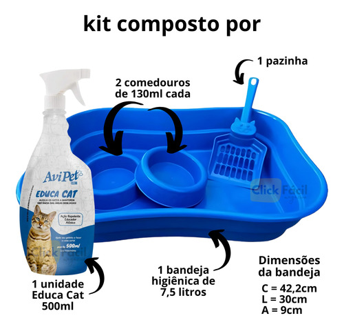 Kit Higiene Felina Educa Cat, Caixa Areia E Potes Api Vet