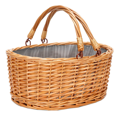 Cesta De Picnic De Mimbre Con Asas Plegables Dobles, Cesta V