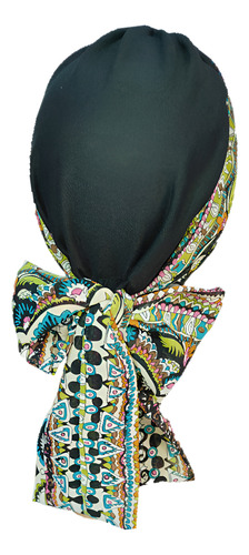Turbante Oncológico Para Mujer De Algodón C/ Banda Mascada Color Negro Estampado Hip