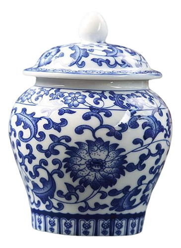 Jarra Templo De Porcelana Chinesa Azul E Branca Com Tampa