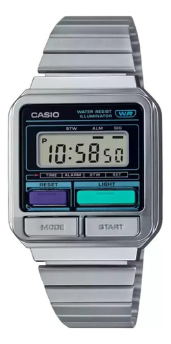 Reloj Casio Vintage Clásico A120we-1a Color De La Correa Plateado Color Del Fondo Negro