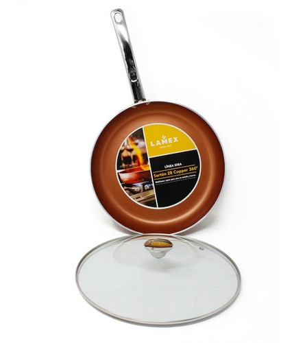 Sartén 28 Cm Cobre Int/ext Con Tapa De Vidrio Lamex 6660-6