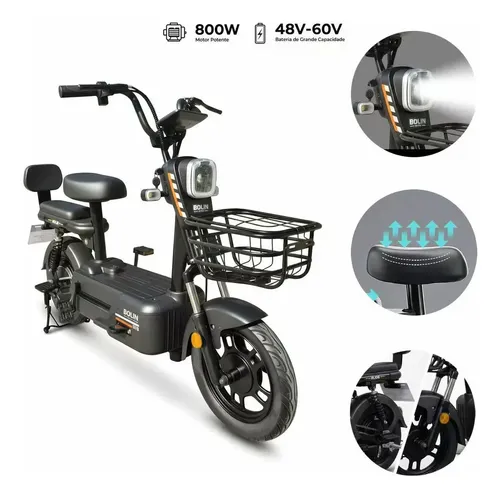Bicicleta Elétrica 800W 48-60V 20Ah c/ Bateria de lítio Removível e Pneu 14” Autonomia de 63km Subida de 25° Alarme Equipado com Cesto Frontal e Painel de Instr