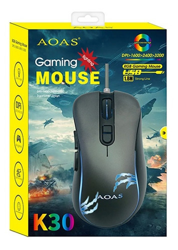 Mouse Gamer Aoas Usb 1.8m Rgb Luz K30 Shine Color Negro