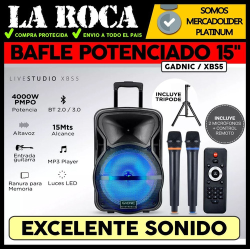 Bafle Potenciado 15 4000w Bluetooth Usb Sd Bateria Luces Led
