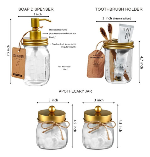 Mason Jar - Juego De Accesorios De Baño (4 Piezas) - Dispens
