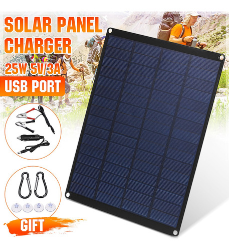Imagen 1 de 10 de Uk 12v 5v 25w Panel Solar Kit Cargador Usb Traval Camping Ou
