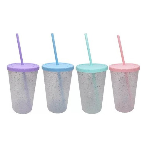 Set X15 Vasos Pvc Glitter Sorbete Tapa 600cc Grueso Vdp