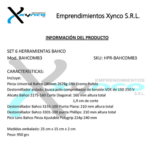 Kit Bahco 6 Piezas Pinza Alicate Pico De Loro Destornillador
