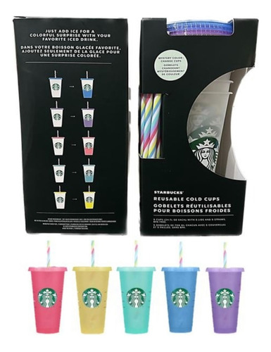 Set 5 Vasos Starbucks Reusables Cambia Color Con Frío 24oz