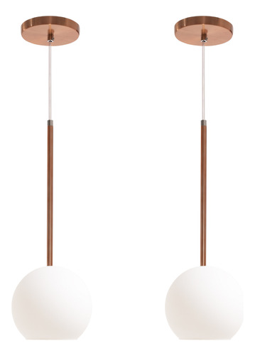 Kit 2 Pendente Lux Cobre Rose Gold Globo Vidro Branco + Led