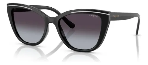 Óculos de sol feminino Vogue VO5591-SL preto com lentes cinza degradê, visto de frente e levemente angulado, destacando as duas listras brancas na parte superior da armação.