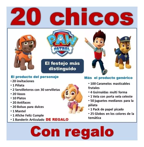 Cotillon Paw Patrol Patrulla Canina 20 Chicos Plato Juguetes