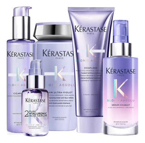 Kit 5 productos Tratamiento para el Cabello Kerastase Blond Absolu Shampoo Bain Ultra-Violet Acondicionador Cicaflash Sérum 2% Ácido Hialurónico Termoprotector Cicaplasme y Cicanuit