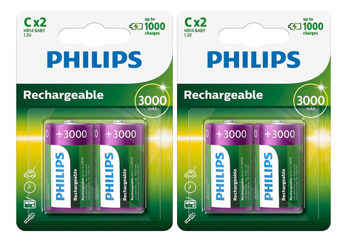 04 Pilha C Media Recarregavel 3000mah Philips Nfe Original