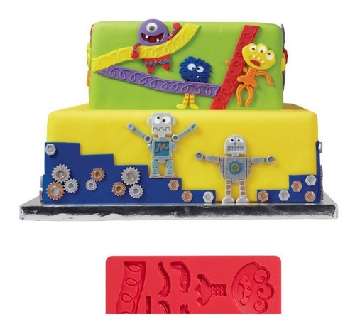Molde Silicon Tapete Tornillos Robots Y Monstruos Fondant
