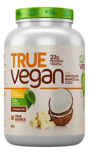 True Vegan Proteína Vegana 837g - True Source - Zero Lactose Sabor True Vegan Chocolate Branco C/coco