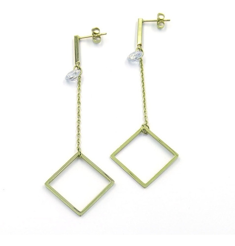 Aretes Largos Acero Dorado Rombo Con Diamante