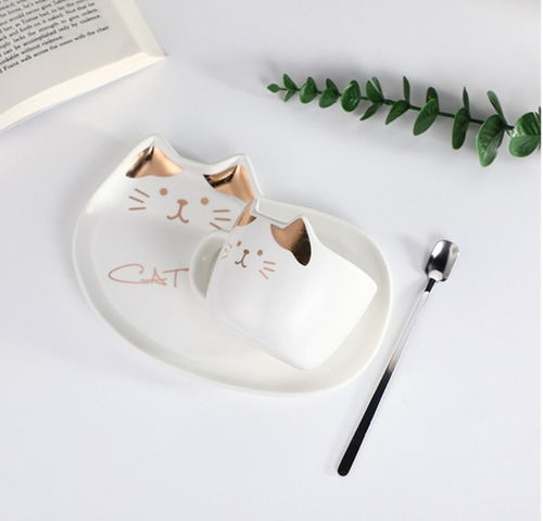 Set Taza Plato Cucharita Gato Cat Niños