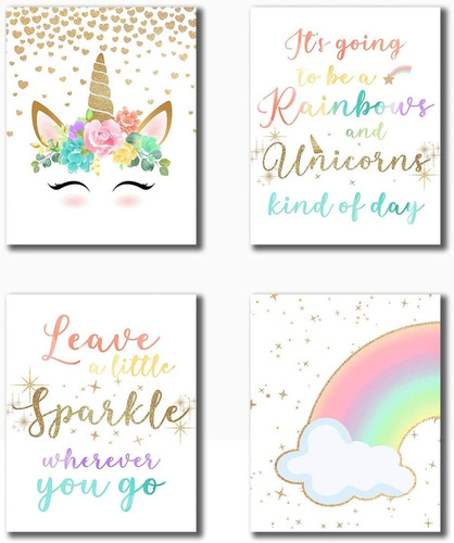 Set 4 Cuadros Unicornio Arcoiris Habitacion Niña Canvas Art