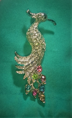 Prendedor Pavo Real Metal Con Piedras Bellisimo Plateado (Usado)