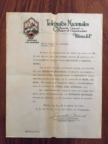 Antigua Carta Avisó Telégrafos Nacionales Año 1930 Mexico Df