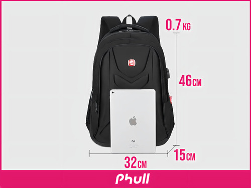 Mochila Phull Porta Notebook 17'' Impermeable Con Puerto Usb Urbana Amplia Capacidad Reforzada - Color Negro