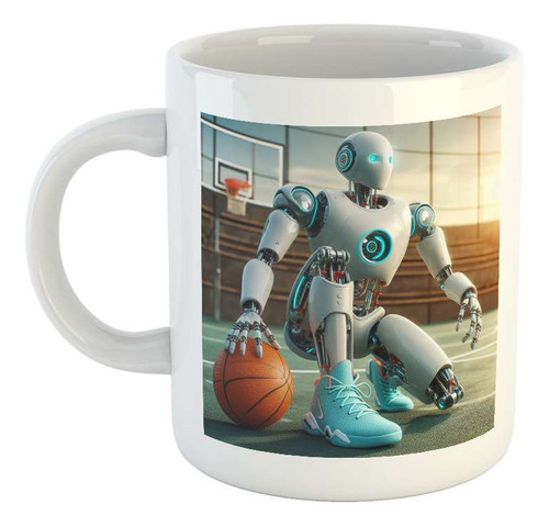 Taza Ceramica Robot En La Cancha De Basquet Zapatillas