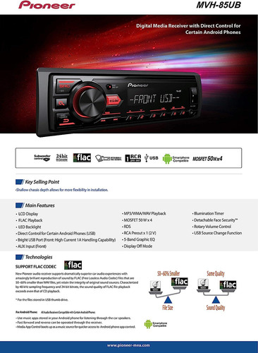 Xd Estereo Para Auto Con Usb/aux Pioneer Mvh-85ub