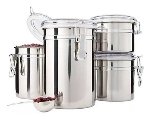 Kit 4 Potes Herméticos Inox Com Tampa Transparente E Trava