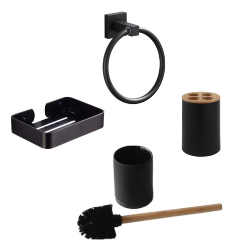 Kit Accesorios Set De Baño Color Negro,  Terminacion Madera