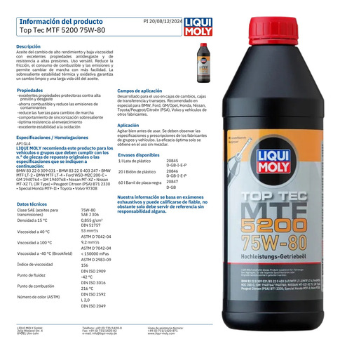 Aceite Transmisión Top Tec Mtf 5200 75w80 Gl4 Liqui Moly 2lt