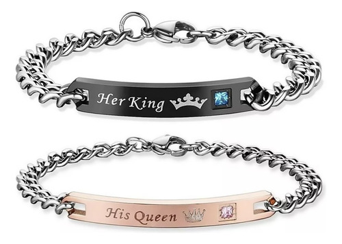 Pulseras Parejas Novios Enamorados Rey Reina Acero Inoxidabl Color Plateado Largo 21 Cm