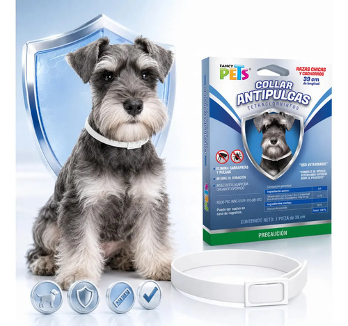 Collar Antipulgas Fancy Pets Para Perros Raza Chica Y Cachorros 39 Cm Protección Hasta 90 Días Resistente Al Agua Con Tetraclorvinfos 12% Ayuda Contra Pulgas Y Garrapatas 1 Pieza
