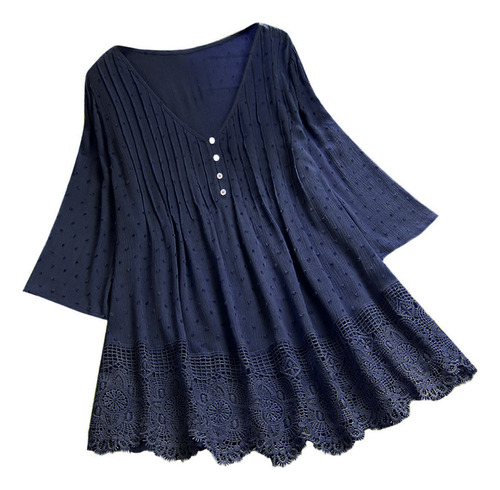 Camiseta Vintage De Encaje De Tres Cuartos Con Cuello En V P