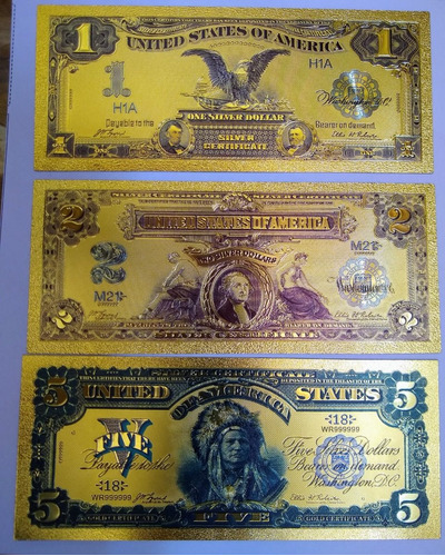 Set De 3 Billetes De Usa, Enchapados En Oro.  Jp