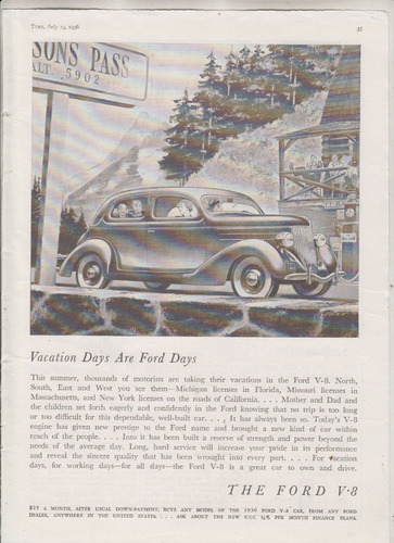 1936 Publicidad De Automovil Ford V-8 Usa Vintage Clasicos