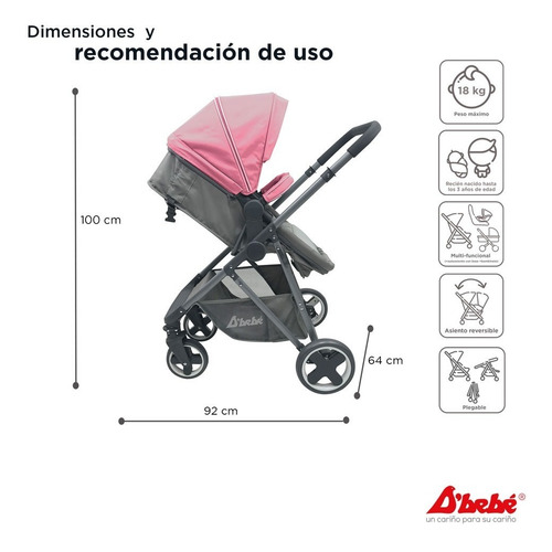 Carriola D Bebe Queen Portabebe Base Para Auto Rosa Rosa Gris Oscuro