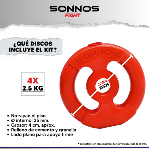 Mancuerna Hueca + 10 Kg 4x2.5kg + Discos Rojos Manija Sonnos