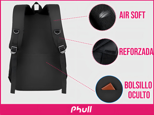 Mochila Phull Porta Notebook 17'' Impermeable Con Puerto Usb Urbana Amplia Capacidad Reforzada - Color Negro
