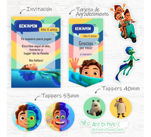 Imagen 2 de 5 de Kit Imprimible Decoración Candybar Luca Disney Texto Editabl
