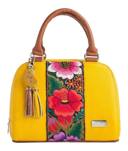 Bolsa satchel Angelozano Mexican Art Elsa diseño zinacantán de cuero vacuno y textil  amarilla con correa de hombro  marrón asas color  marrón y herrajes metal