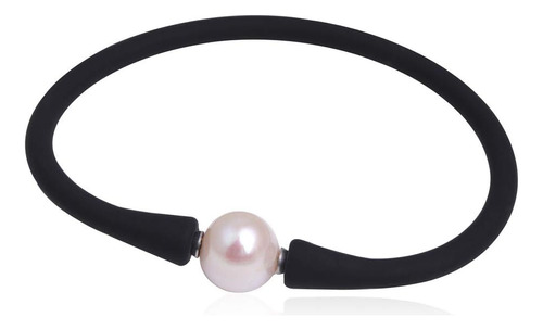 Pulsera De Joyería Perla Blanca De Agua Dulce Goma Negra Est