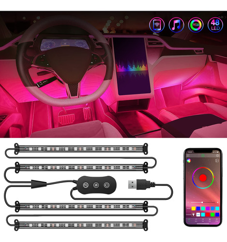 Nilight 4pcs Lámparas De Coche Interior Usb 48 Led Rgb Lámin