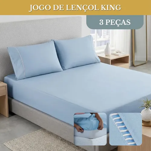Kit Jogo De Lençol Cama King 03 Peças 400 Fios Percal C/ Elástico Luxo Ponto Palito Cor Azul Claro - R$ 46,9